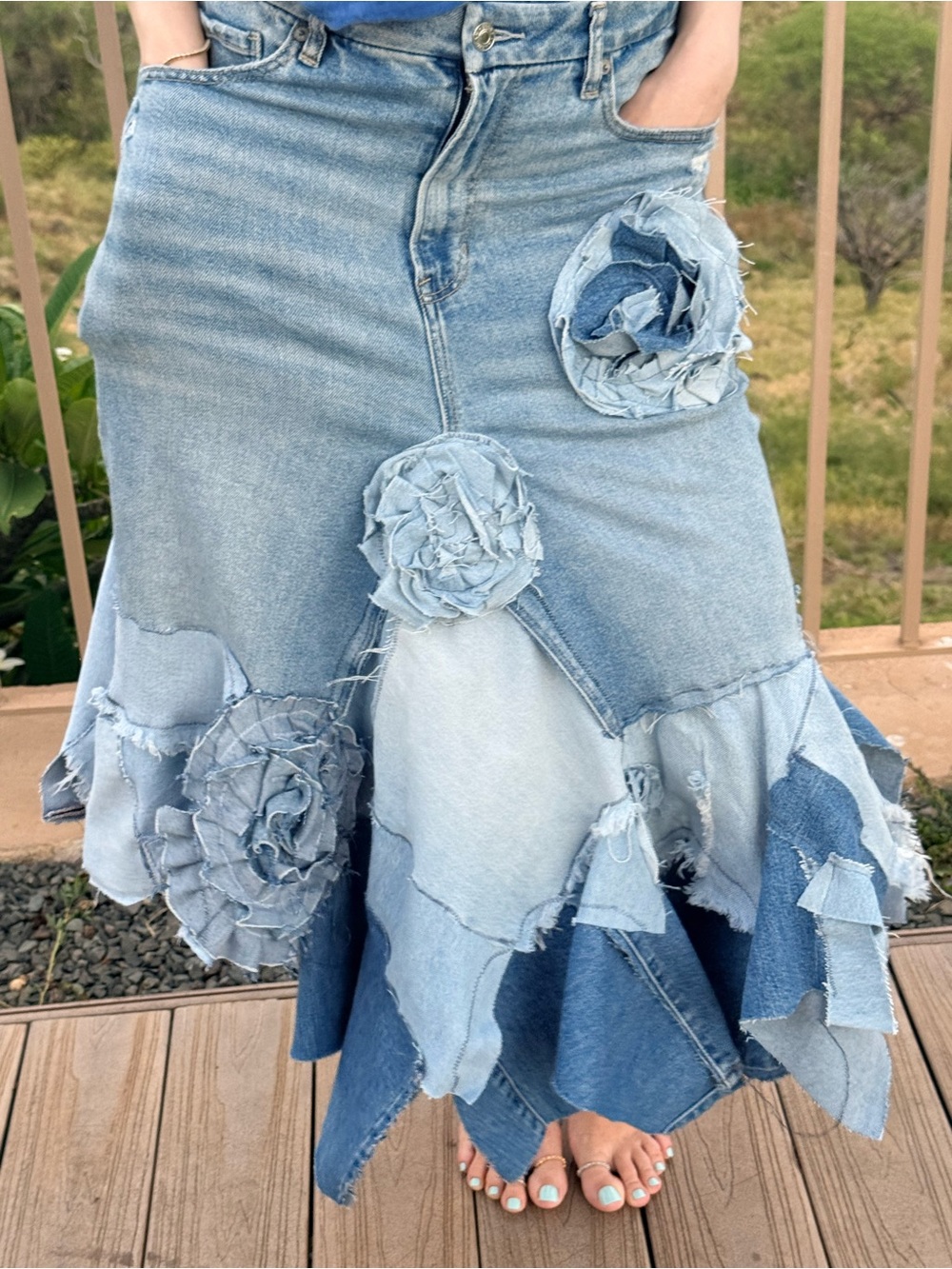 OOAK Patchwork Light Blue Denim Maxi Skirt with Rosette Accents